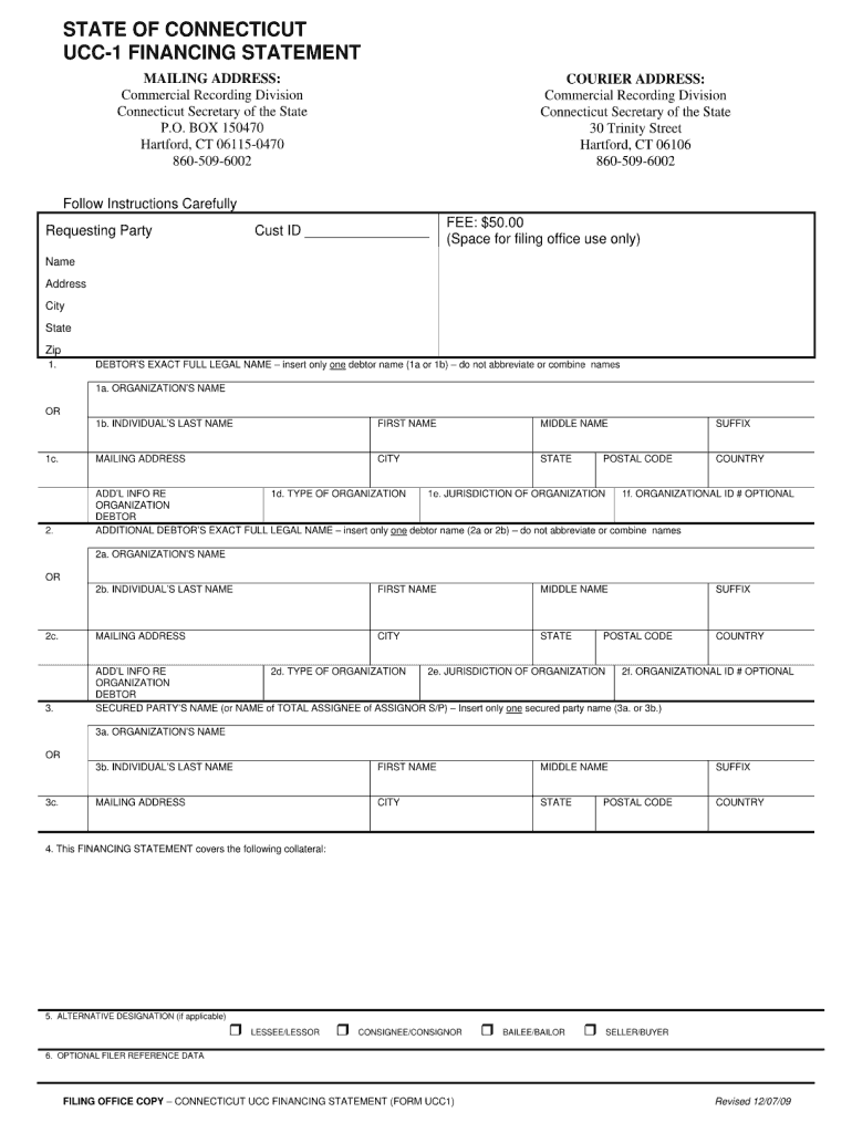  State of Ct Ucc 1 Financing Statement  Form 2009