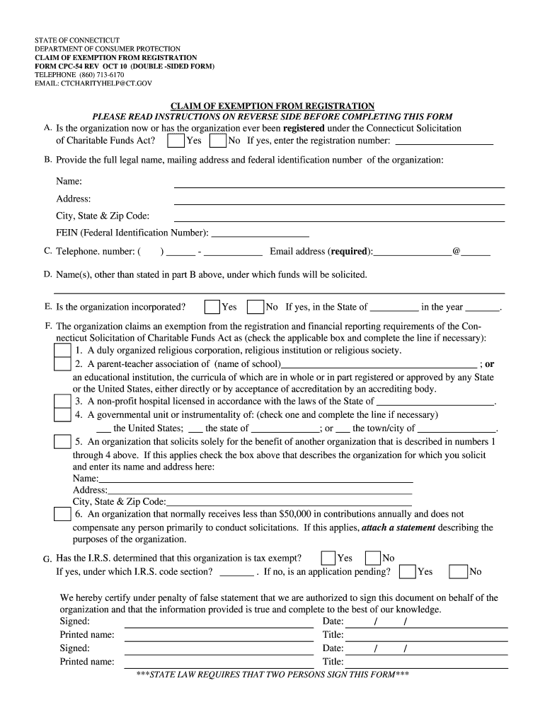  Claim of Exemption from Registration the State of Connecticut 2010