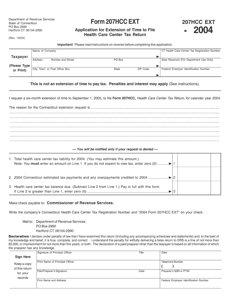 Form 207HCC EXT, Application for Extension of Time to File Health Care Center Tax Return Application for Extension of Time to F