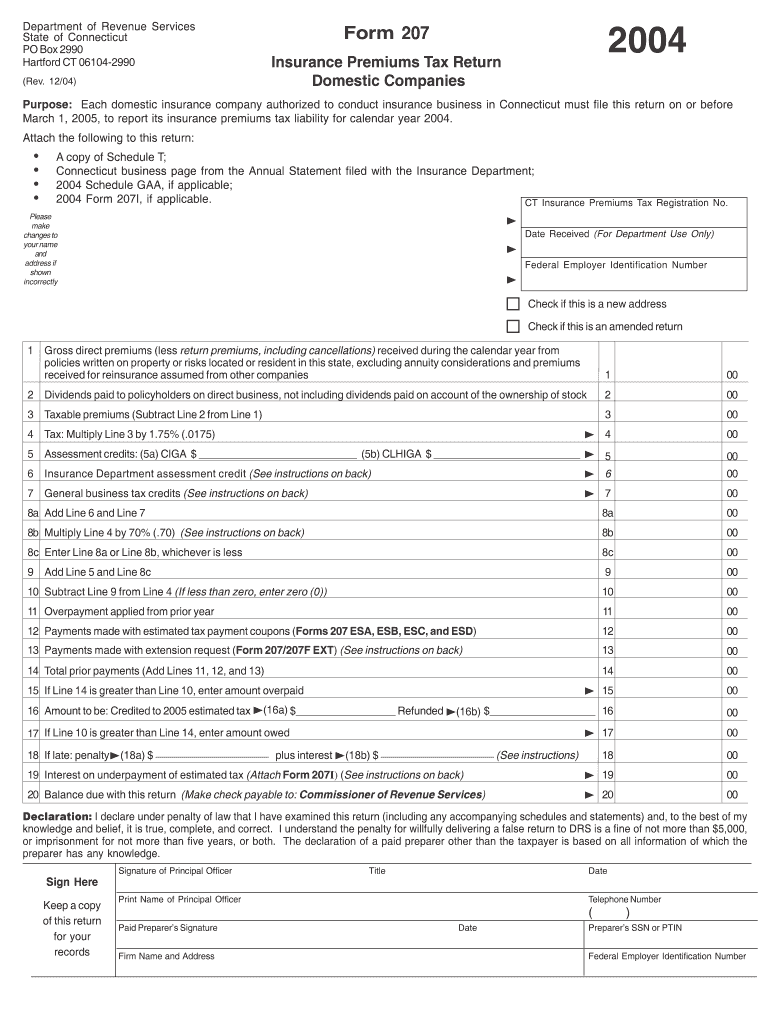 Form 207, Insurance Premiums Tax Return Domestic Companies Insurance Premiums Tax Return Domestic Companies  Ct