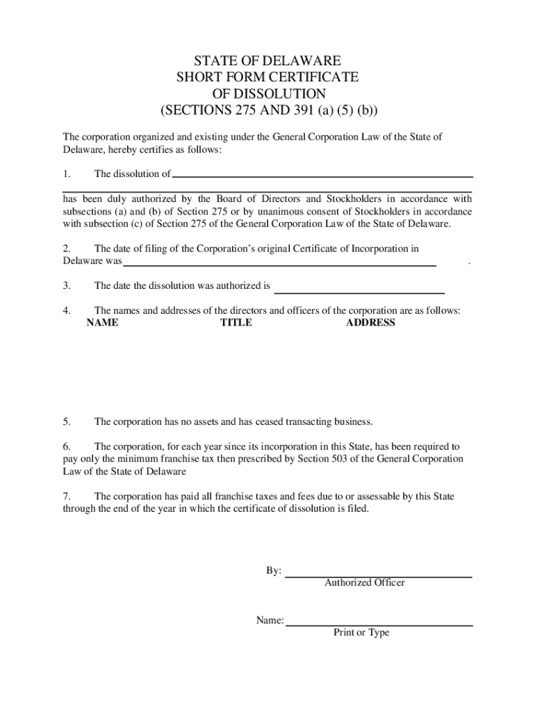 Delaware Dissolution Short Form