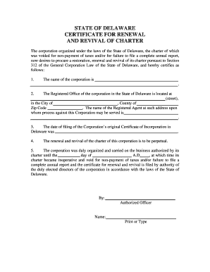 Certificate of Renewal and Revival of Charter for a Voided Corporation Form