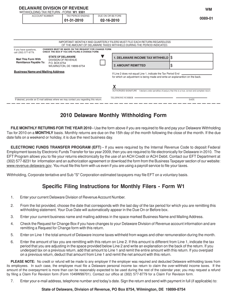 Delaware Monthly Withholding Form  Division of Revenue    Revenue Delaware