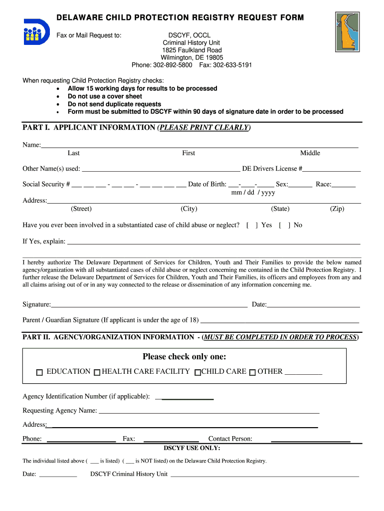 Delaware Child Protection Registry Request Form