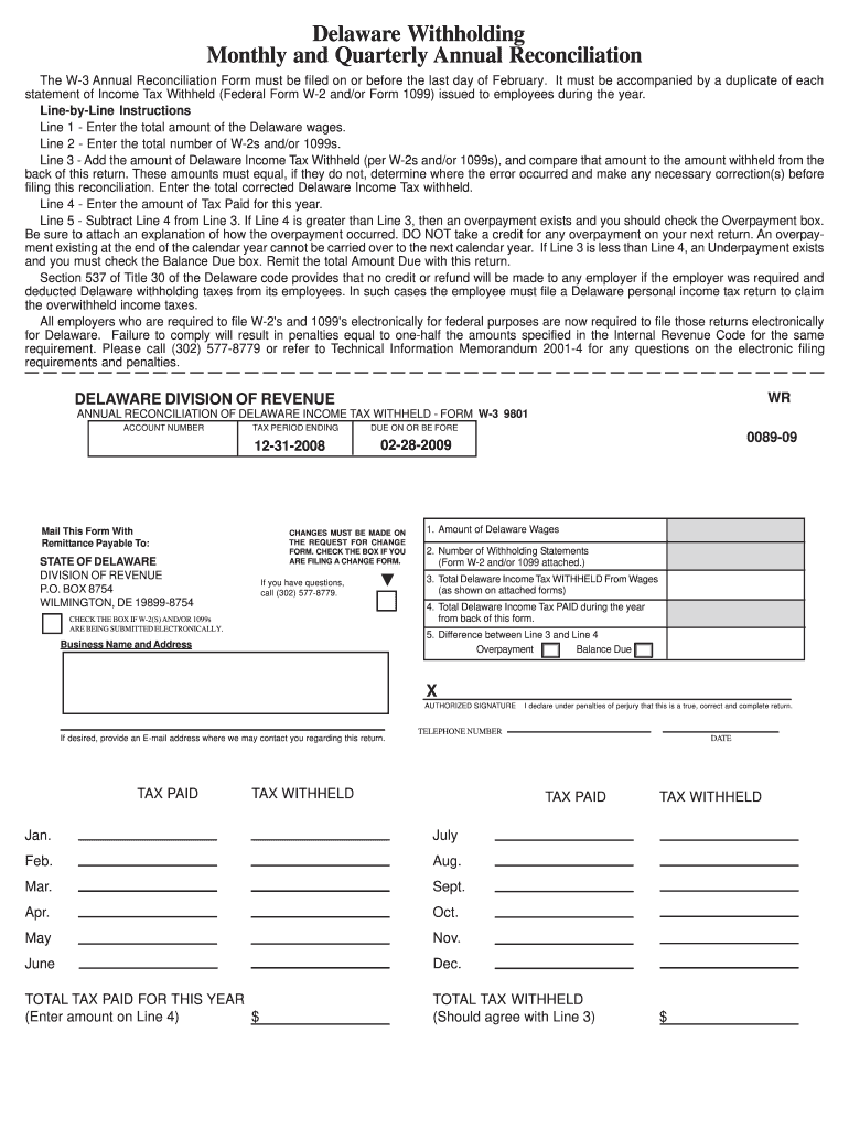  Delaware Annual Reconciliation  Form 2009