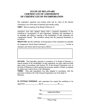 Certificate of Amendment Division of Corporations Delaware Corp Delaware  Form