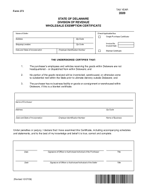 Delaware Resale Certificate PDF  Form