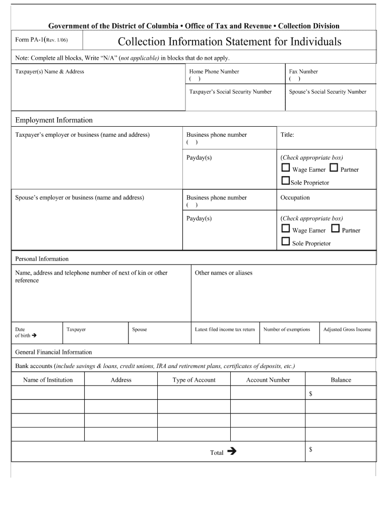  Fillable Form Pa 1 Government of the District of Columbia 2006-2024