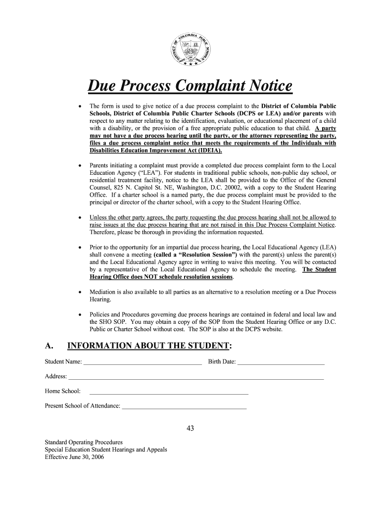  Due Process Complaint Notice  Osse  Osse Dc 2006-2024