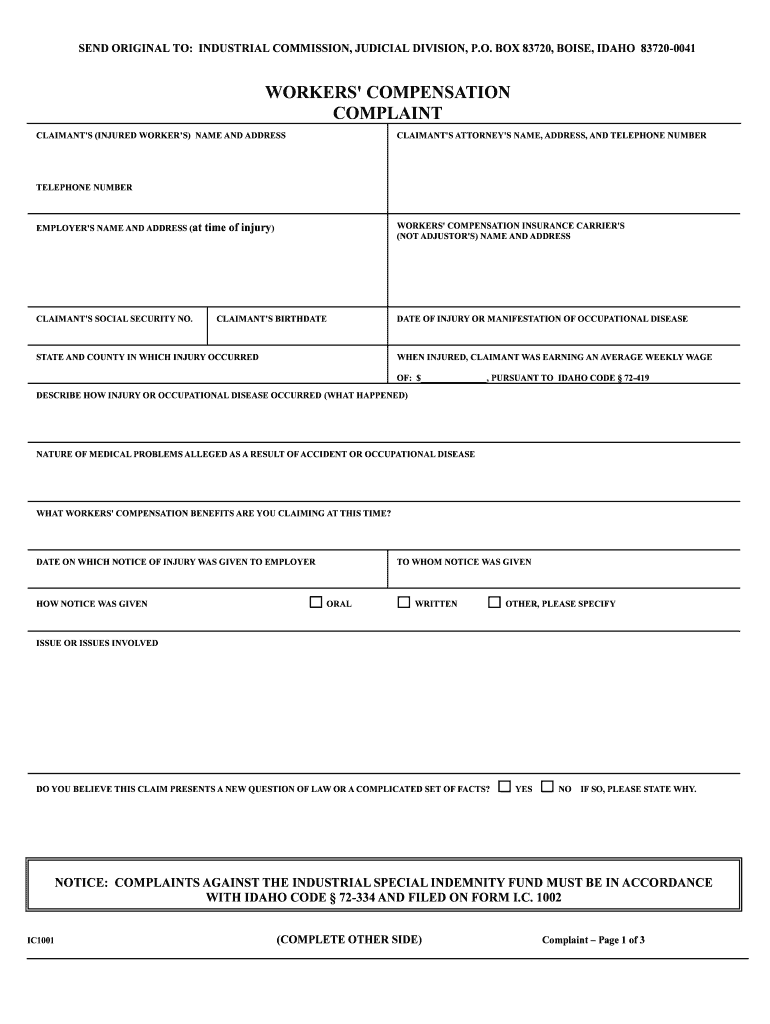 Compensation Complaint IC 1001  the Idaho Industrial Commission!  Iic Idaho  Form