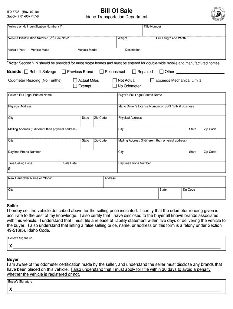 Idaho Bill of Sale  Form