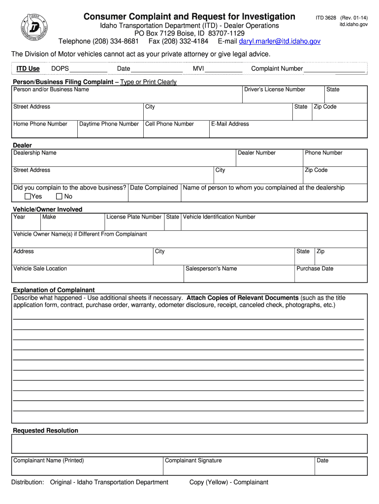 Complaints and Investigation Idaho Dmv Form