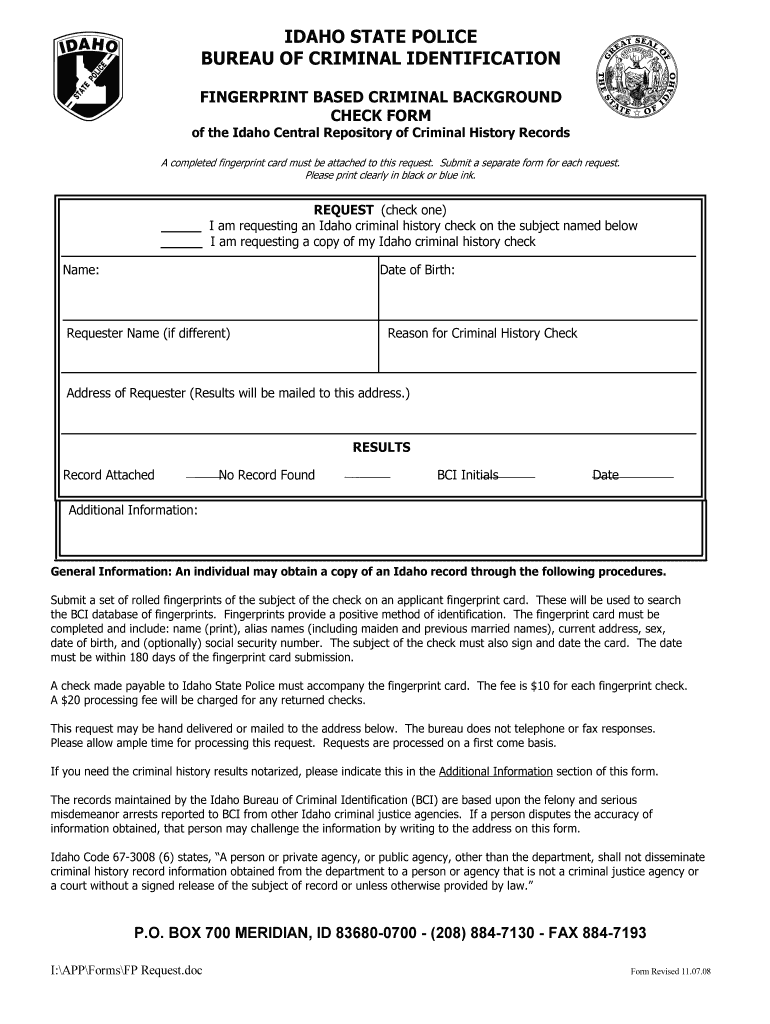  Idaho State Police Criminal Background Check  Form 2008