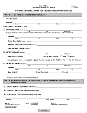  State of Idaho Department of Health and Welfare Optional Reerral Form for Newborn Medicaid Coverage 2011