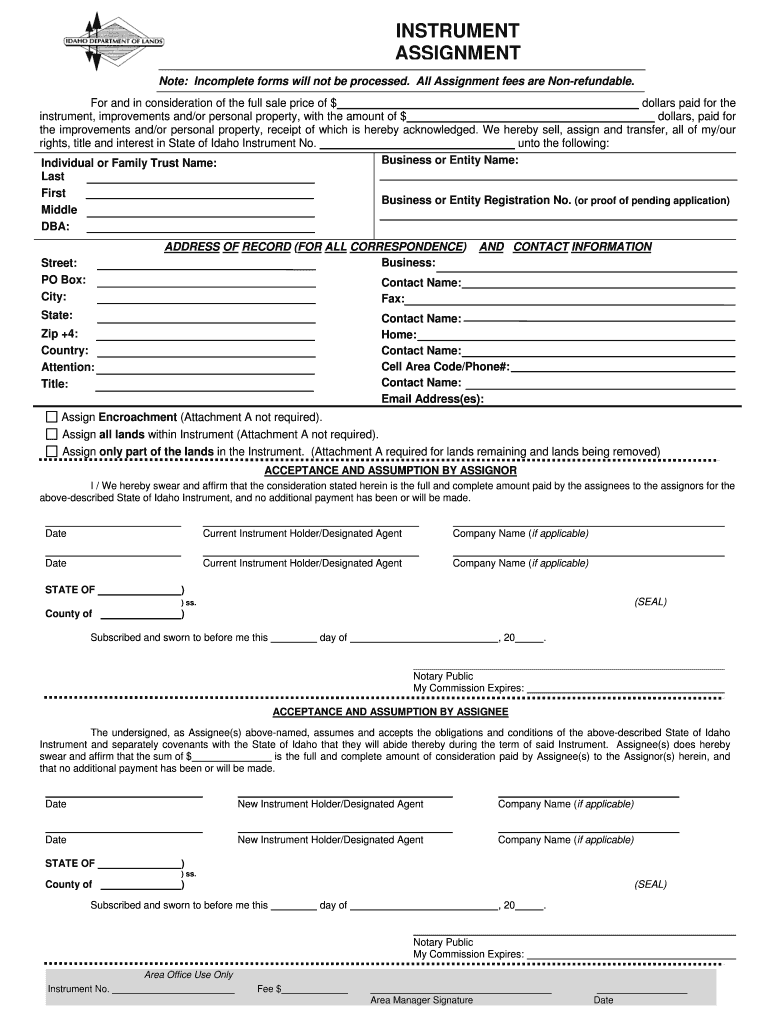 INSTRUMENT ASSIGNMENT  Idl Idaho  Form