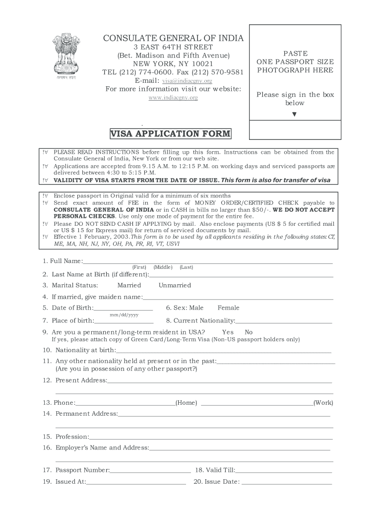 Indian Visa Application Form PDF New York