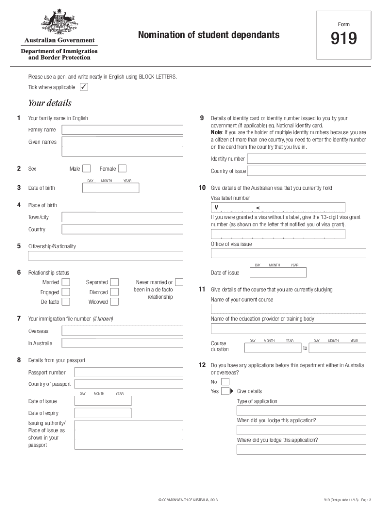 Form 919 Nomination of Student Dependents