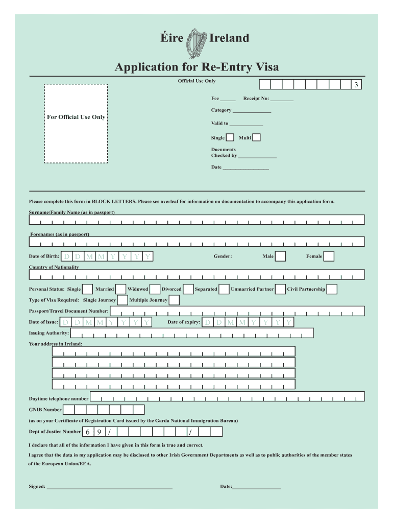 Re Entry Visa Application Form Ireland