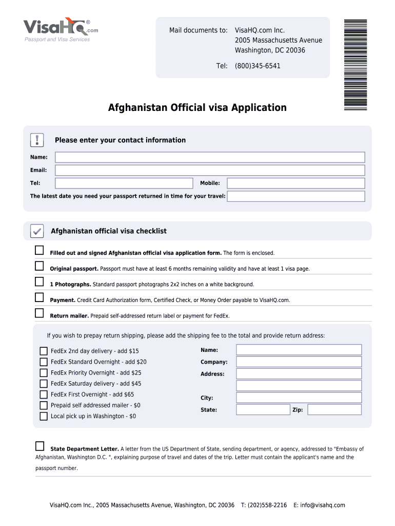 Visa Application Afghanistan  Form