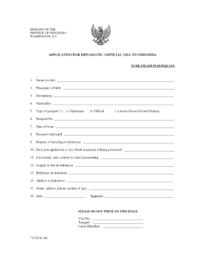Application for Diplomatic Official Visa to Indonesia  Form