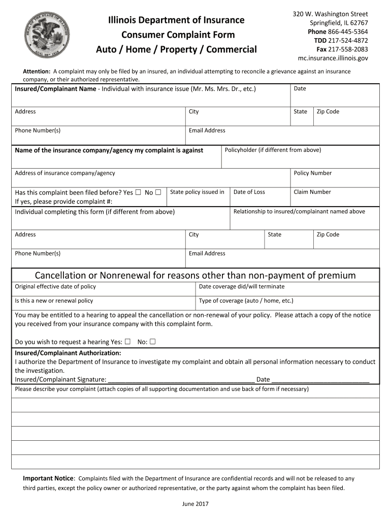Illinois Department of Insurance Complaint Form