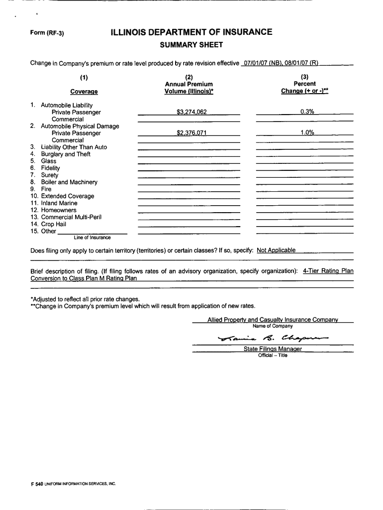 Form RF 3 ILLINOIS DEPARTMENT of INSURANCE  Insurance Illinois
