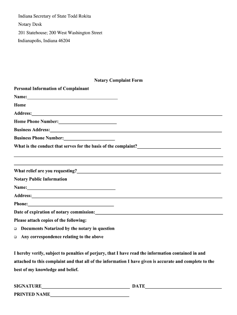 Indiana Notary Complaint  Form