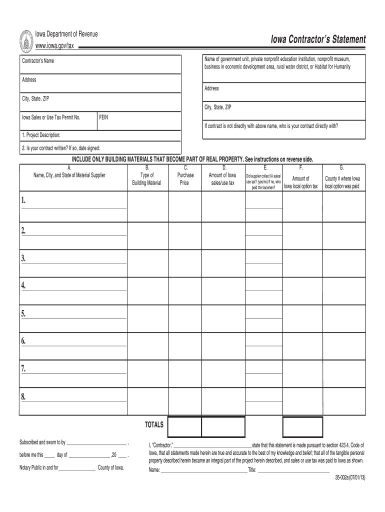  Iowa Contractors Statement Form 2020