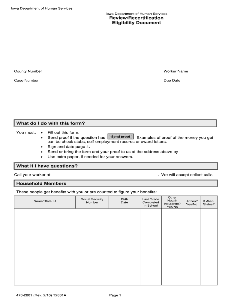  Recertification Papers for Department of Human Services Iowa  Form 2010