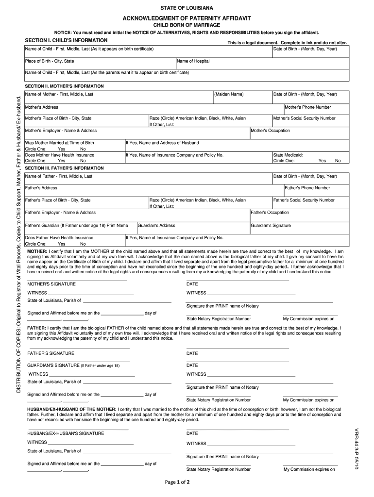  Louisiana Acknowledgement of Paternity 2010-2024