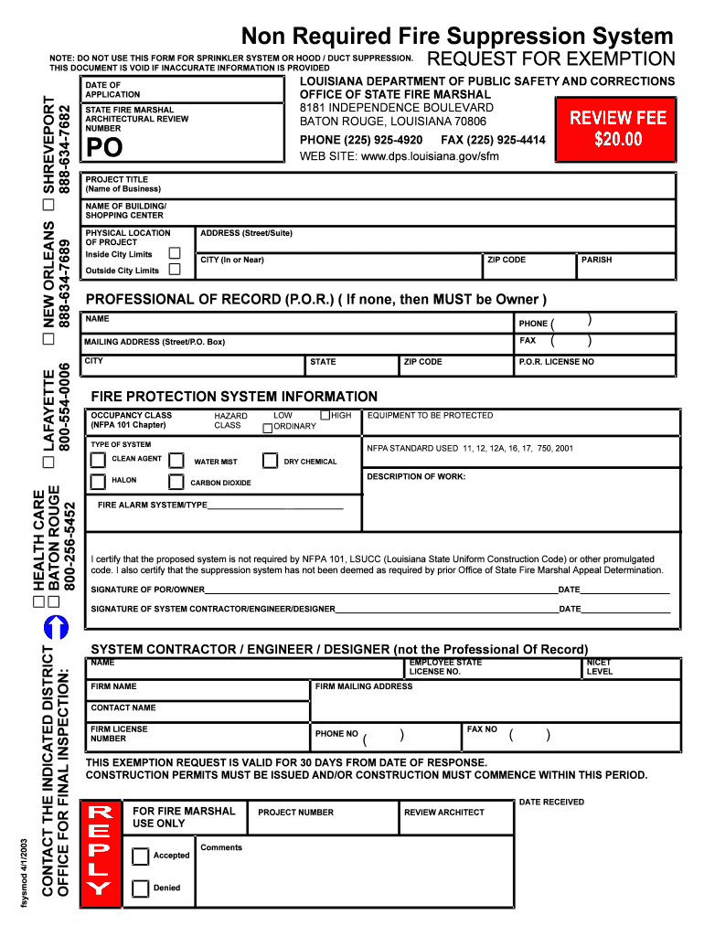 Non Required Fire Suppression System  Louisiana Office of State    Sfm Dps Louisiana  Form