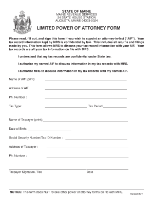  Maine Revenue Services Limited Power of Attorney Form 2011