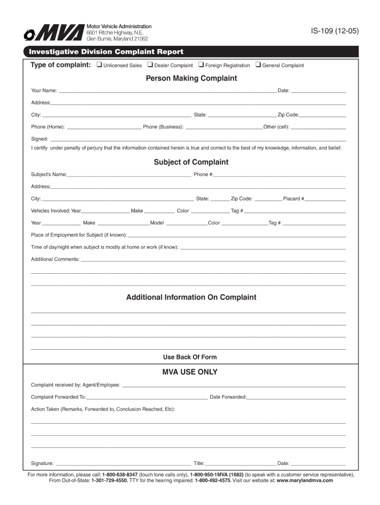  Maryland Motor Vehicle Administration Form Is109 2005
