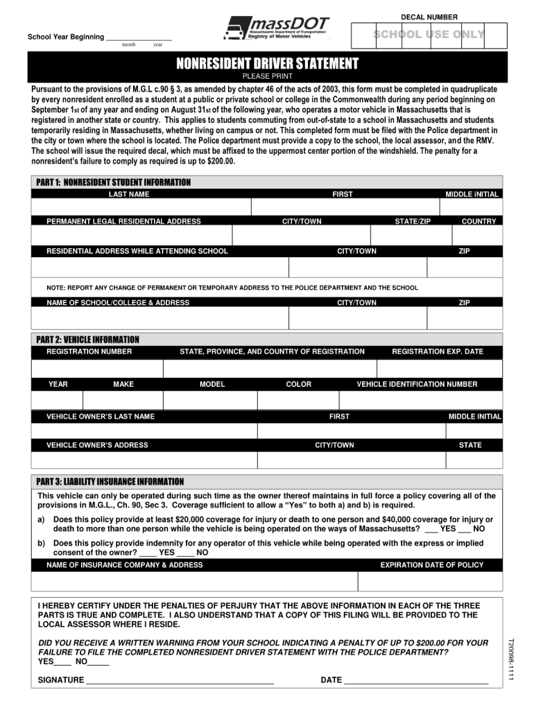 Massdot Nonresident Driver Statement 2011-2024