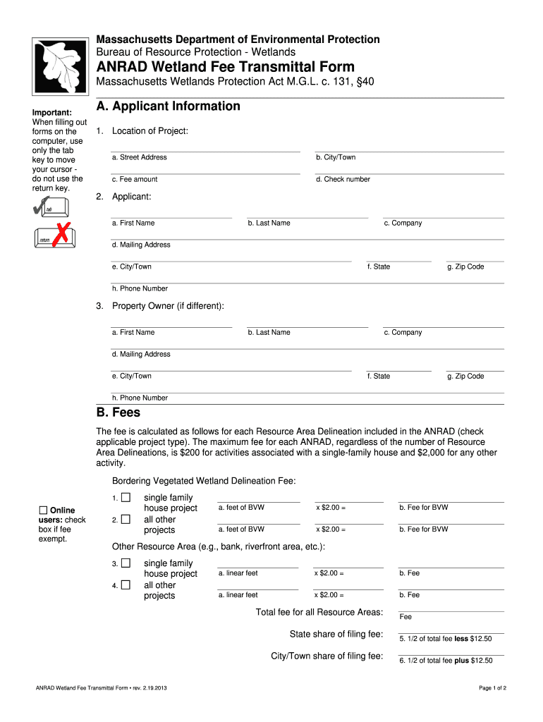 ANRAD Wetland Fee Transmittal Form  Mass  Gov  Mass