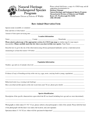 Massachusetts Fish and Wildlife Rare Animal Observation Form