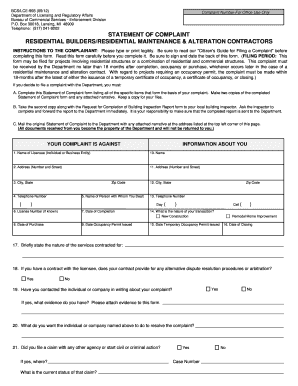 Builders Complaint Form State of Michigan Michigan