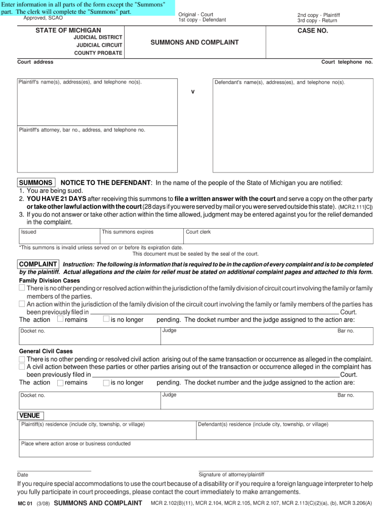 Get and Sign Summon and Complain and Blank Form 2008-2022