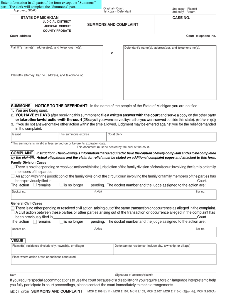  Summon and Complain and Blank Form 2008