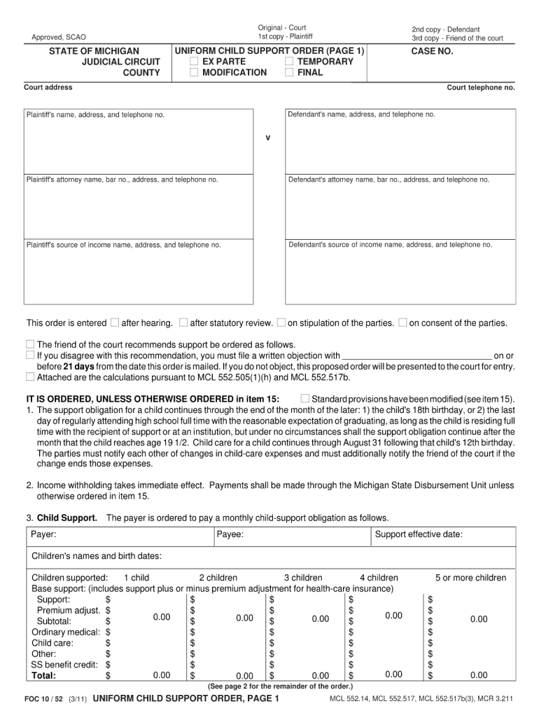  Michigan Child Order  Form 2011