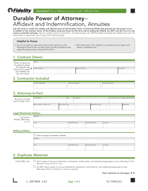 Fidelity Durable Power of Attorney Affidavit and Indemnification Form