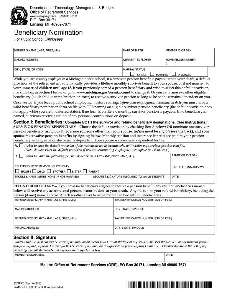 Beneficiary Nomination Form  State of Michigan  Michigan