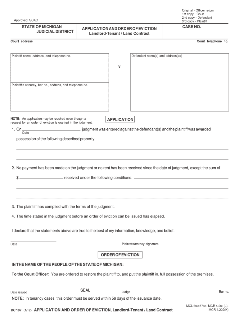  Unlawul Detainer Forms in Michigan 2012