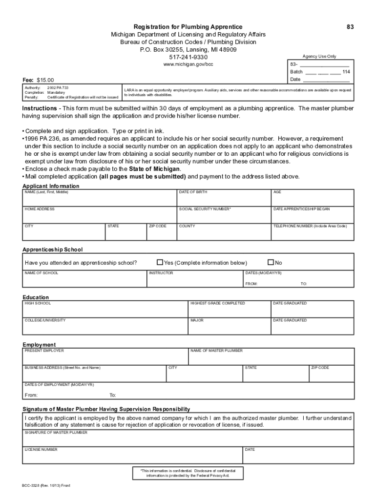 Registration for Plumbing Apprentice Online Mi  Form