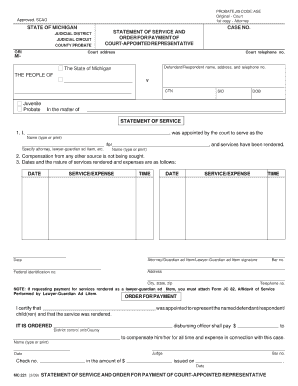 Statement of Service and Order for Payment of Court Appointed Representative Form