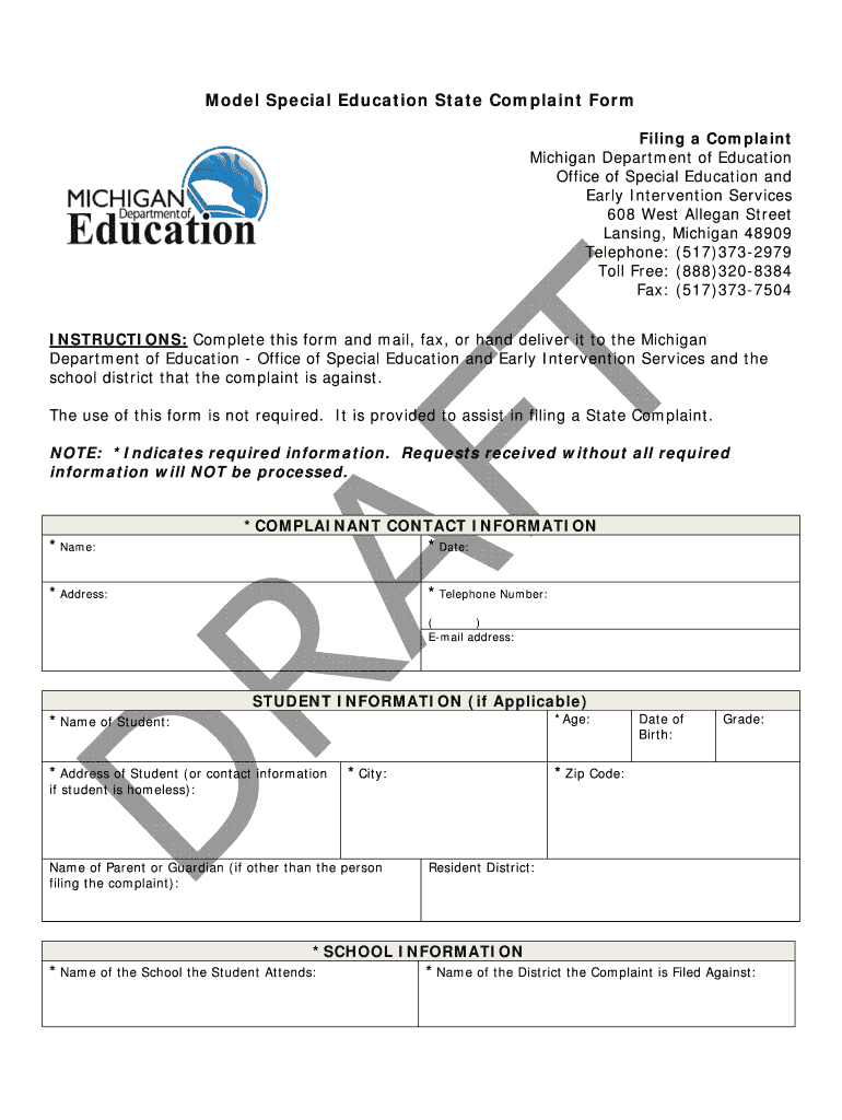 Model Special Education State Complaint Form Michigan Completeable