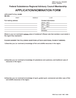  U S Fish and Wildlife Service Form 3 2321 Federal Subsistence Regional Advisory Council Membership ApplicationNominatin Form Fws 2009