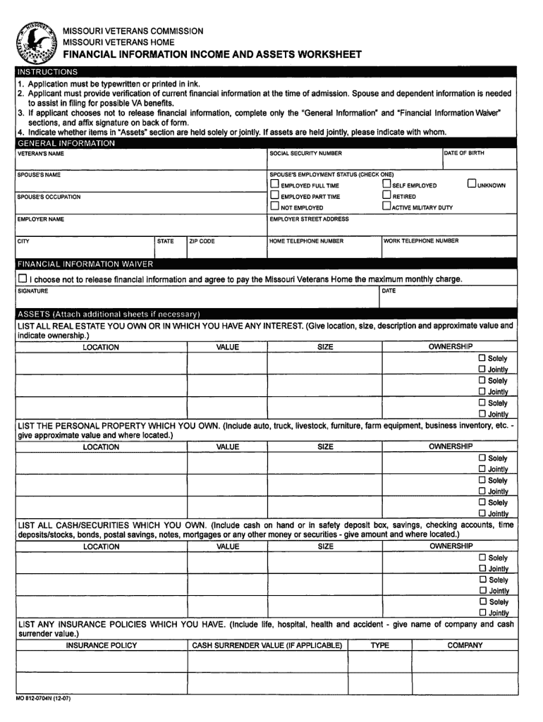  Financial Worksheet Form 2007