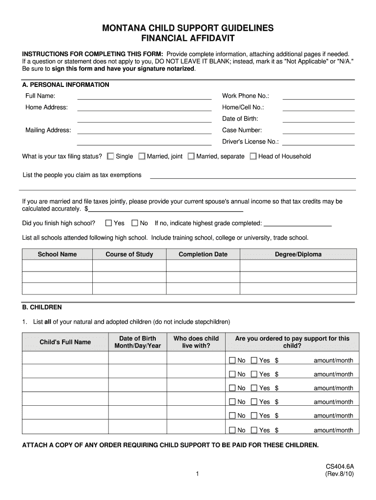 Financial Affidavit Form for Montana 2010-2023