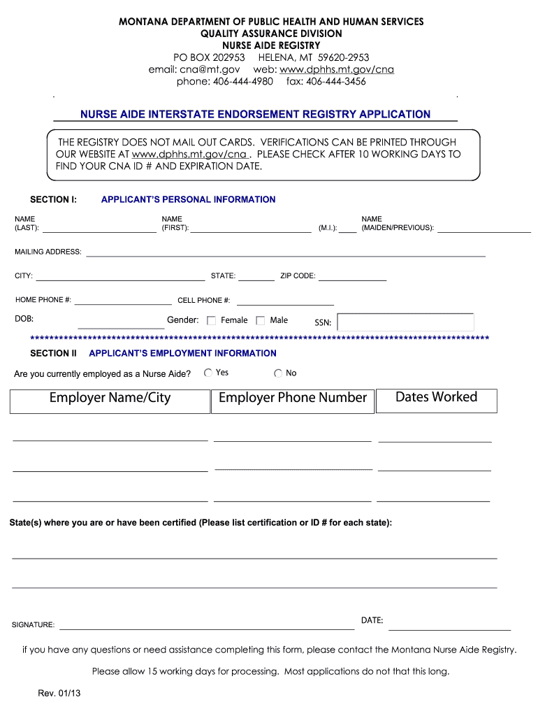 Get and Sign Montana Cna Endorsement Application 2013-2022 Form